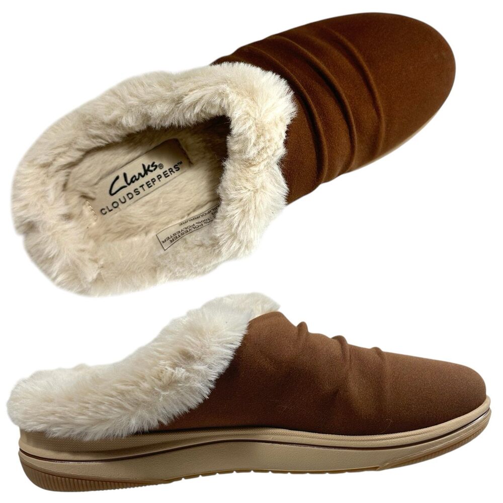 Clarks Breeze Willow Slip On Clogs Womens Sz 6,5 Tan Brown Faux Fur Ruched Upper